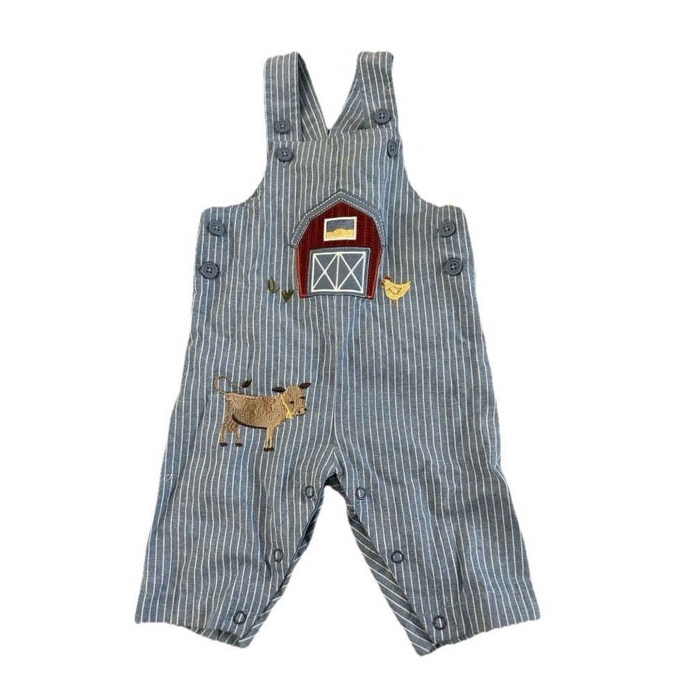 Baby Essentials Blue Striped Barnyard Embroidered Overalls 18M Cow Chicken Bibs